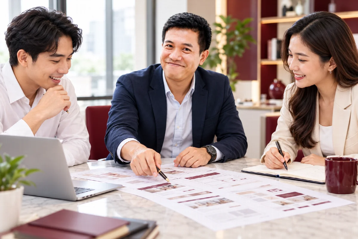 หัวหน้าทีมและทีมงานร่วมวางแผนเว็บไซต์ในชุดที่ปรึกษาธุรกิจ